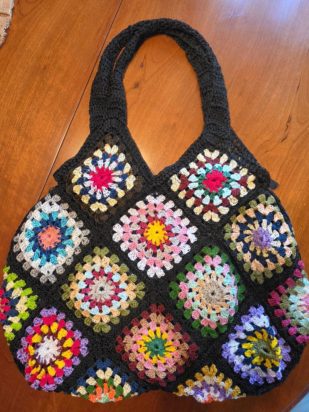 Boho Crochet Granny Square Shoulder Bag Multicolor Black Lined Tote
